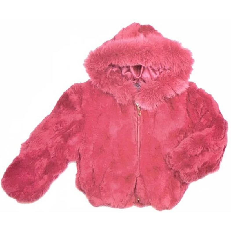 Winter Fur Kid's Dark Pink Genuine Rex Rabbit Jacket With Fox Trimmed Hood K08R02.