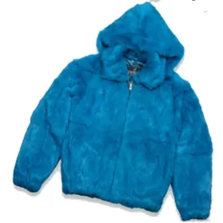 Winter Fur Kid's Ocean Blue Genuine Rex Rabbit Jacket With Fox Trimmed Hood K08R02.
