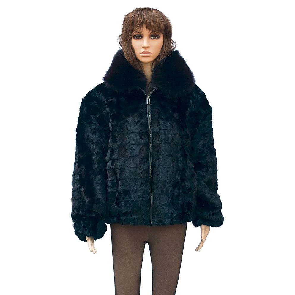 Winter Fur Ladies Black Diamond Mink Jacket With Fox Collar W49S05BK.