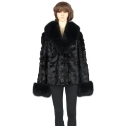 Winter Fur Ladies Black Diamond Mink Top With Fox Collar And Cuffs W49S06BK.