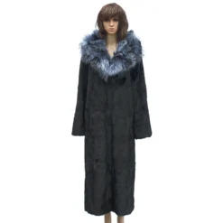 Winter Fur Ladies Black Full Skin Mink Full Length Coat With Silver Fox Collar W07F06BK.