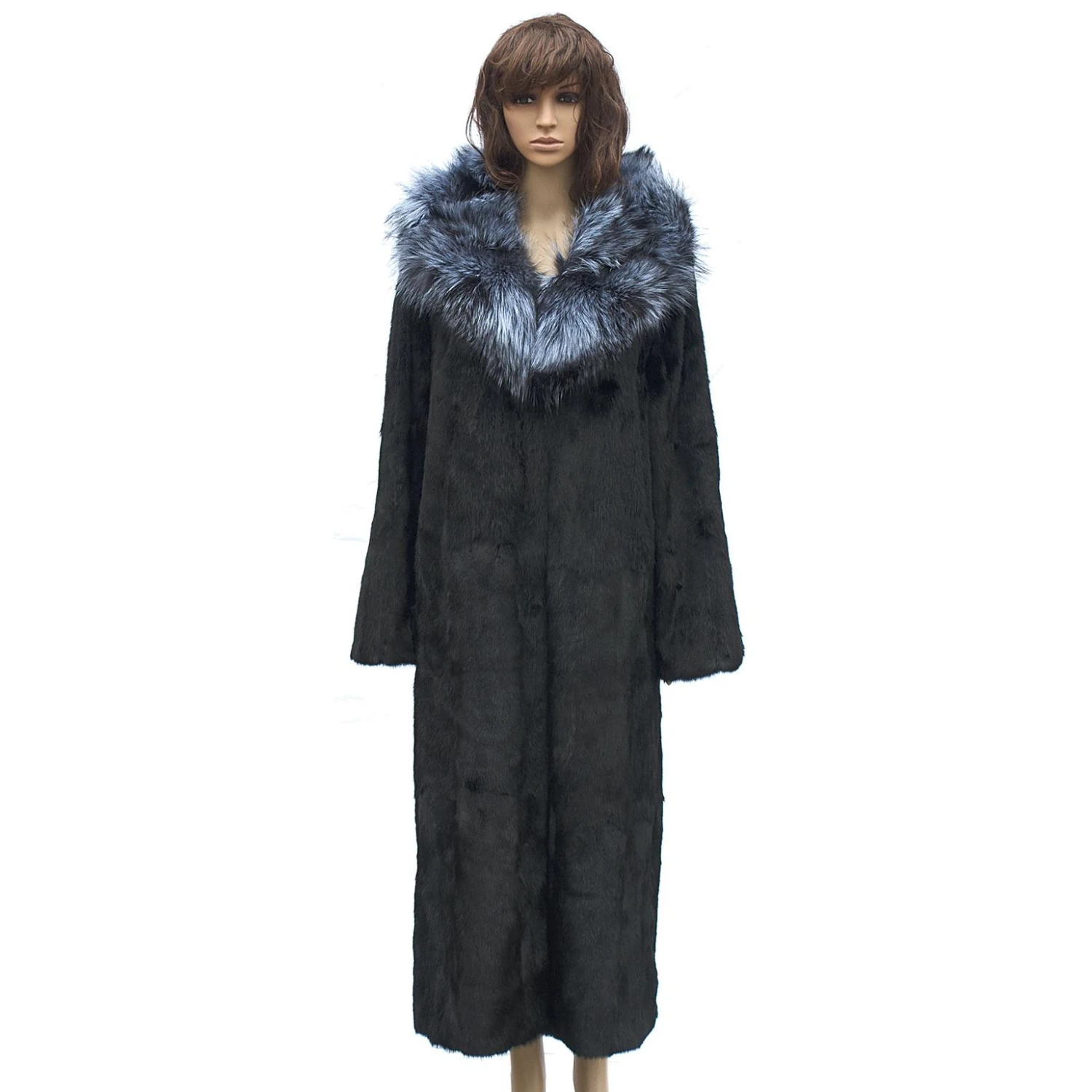 Winter Fur Ladies Black Full Skin Mink Full Length Coat With Silver Fox Collar W07F06BK.