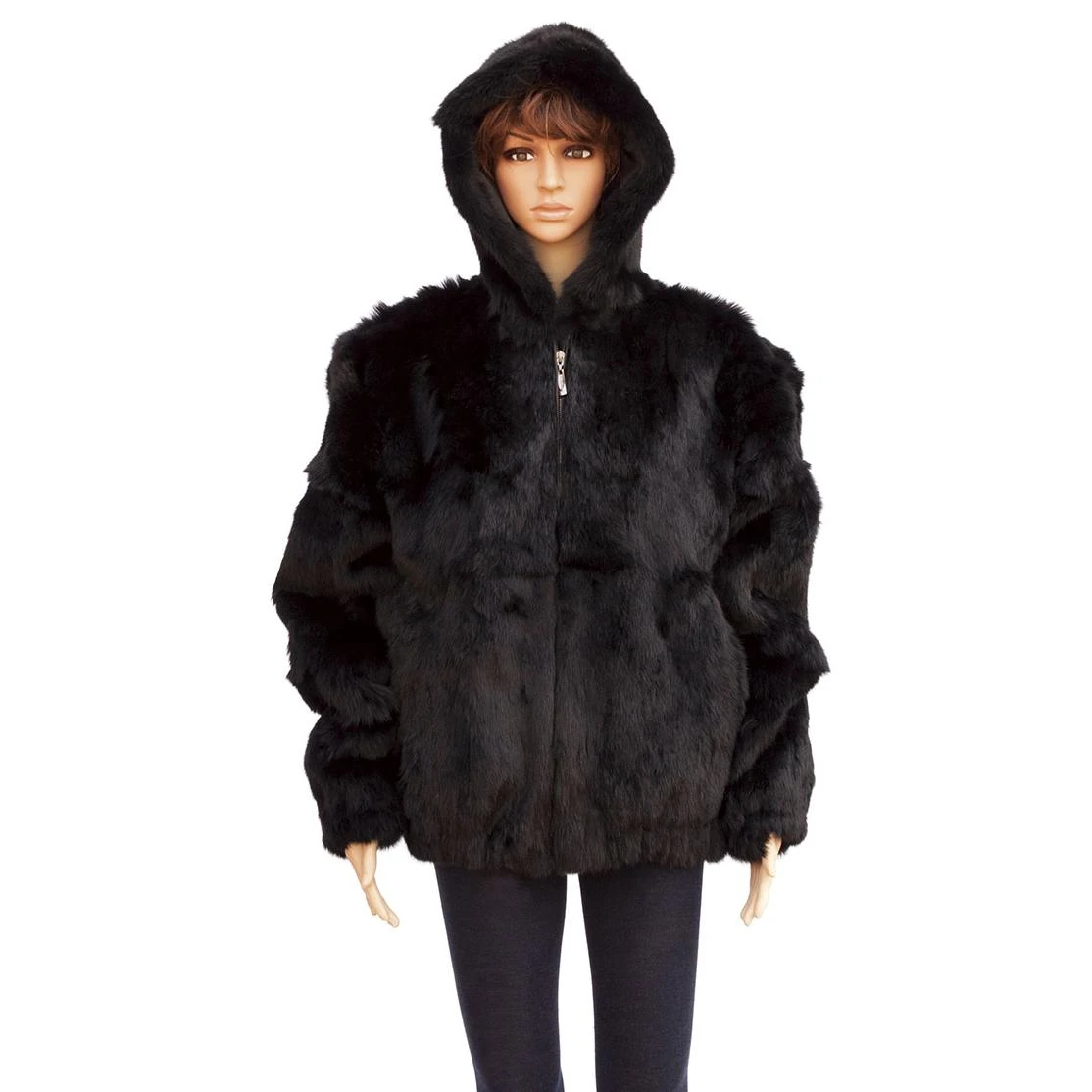 Winter Fur Ladies Black Full Skin Rabbit Jacket With Detachable Hood W05S04BK.