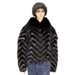 Winter Fur Ladies Black / Grey Chevron Mink Jacket With Fox Collar W39S05BGR