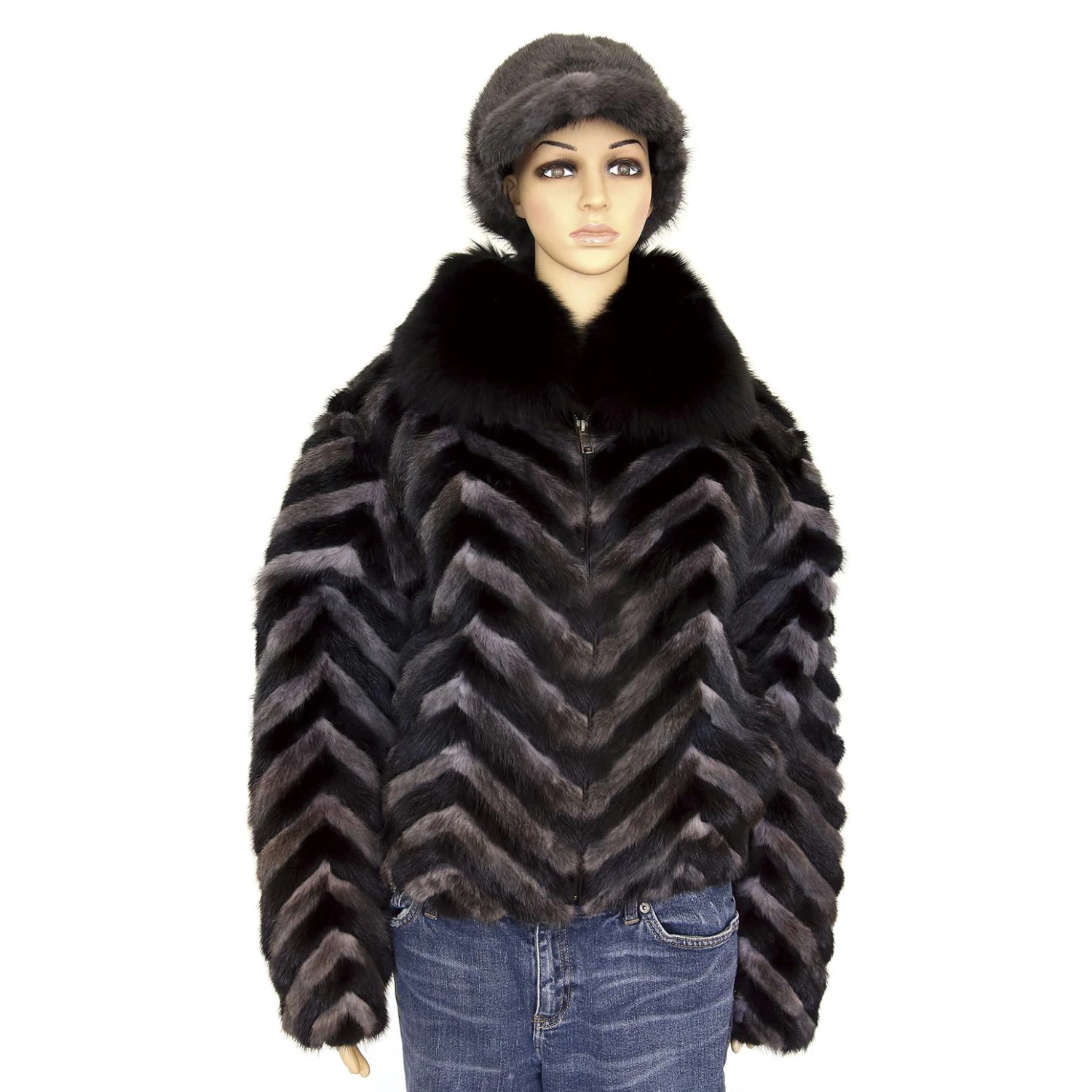 Winter Fur Ladies Black / Grey Chevron Mink Jacket With Fox Collar W39S05BGR