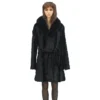 Winter Fur Ladies Black Mink Front Paws 3/4 Coat With Fox Collar And Belt W69Q06BK