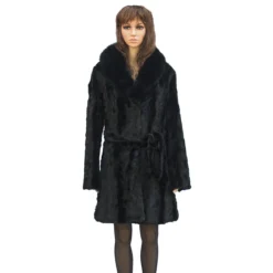 Winter Fur Ladies Black Mink Front Paws 3/4 Coat With Fox Collar And Belt W69Q06BK