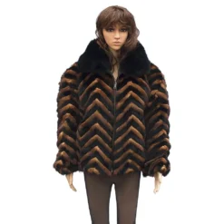 Winter Fur Ladies Black / Whiskey Chevron Mink Jacket With Black Fox Collar W39S05BWK