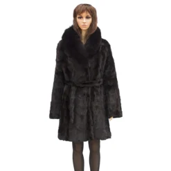 Winter Fur Ladies Brown Front Paws 3/4 Coat With Fox Collar And Belt W69Q06BR