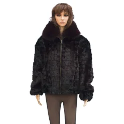 Winter Fur Ladies Burgundy Diamond Mink Jacket With Fox Collar W49S05BDT.