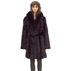 Winter Fur Ladies Burgundy Mink Front Paws 3/4 Coat With Fox Collar And Belt W69Q06BD