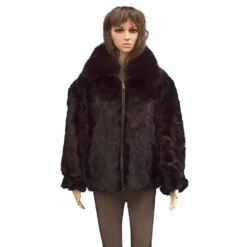 Winter Fur Ladies Chevron Mink Jacket With Fox Collar , Dyed Into Two Shades Of Burgundy W39S05BD Mink Front Paws Jacket With Fox Collar, Dyed Into Two Shades Of Burgundy W69S05BDT
