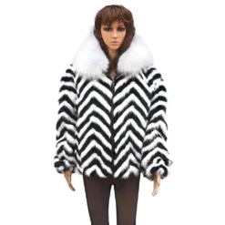 Winter Fur Ladies Chevron Mink Jacket With White Fox Collar, Combination Of Black And White W39S05BWW.