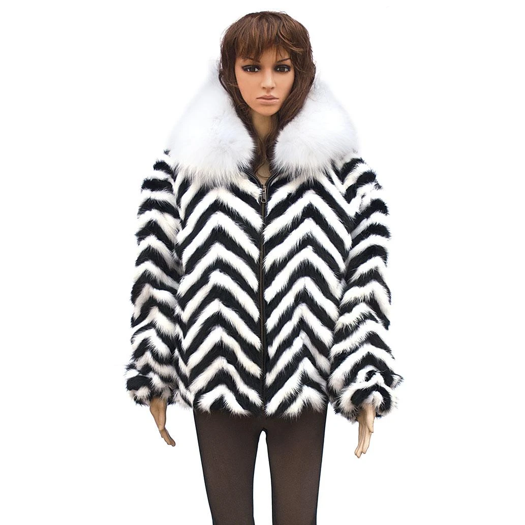 Winter Fur Ladies Chevron Mink Jacket With White Fox Collar, Combination Of Black And White W39S05BWW.