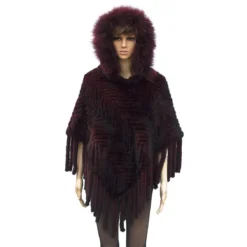 Winter Fur Ladies Knitted Burgundy Mink Poncho With Hood W09K01BD