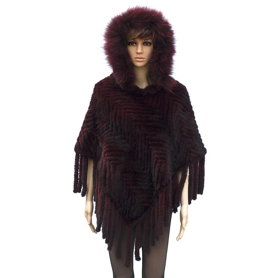 Winter Fur Ladies Knitted Burgundy Mink Poncho With Hood W09K01BD