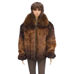 Winter Fur Ladies Mink Front Paws Jacket With Fox Collar, Dyed Into Two Shades Of Whiskey W69S05WKT