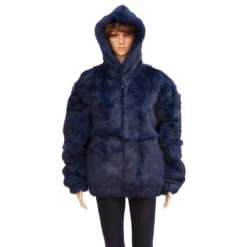 Winter Fur Ladies Navy Blue Full Skin Rabbit Jacket With Detachable Hood W05S04NV.