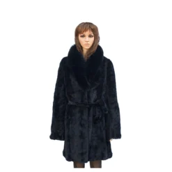 Winter Fur Ladies Navy Genuine Mink Paws 3/4 Coat With Belt And Fox Collar W069Q06NV.