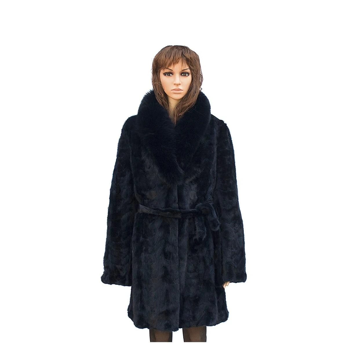 Winter Fur Ladies Navy Genuine Mink Paws 3/4 Coat With Belt And Fox Collar W069Q06NV.