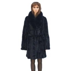 Winter Fur Ladies Navy Mink Front Paws 3/4 Coat With Fox Collar And Belt W69Q06NV