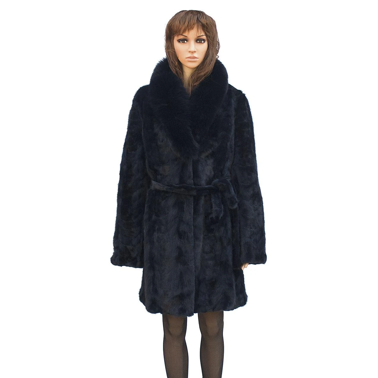 Winter Fur Ladies Navy Mink Front Paws 3/4 Coat With Fox Collar And Belt W69Q06NV
