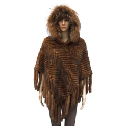 Winter Fur Ladies Whiskey Genuine Knitted Mink Poncho With Hood W09K01WK