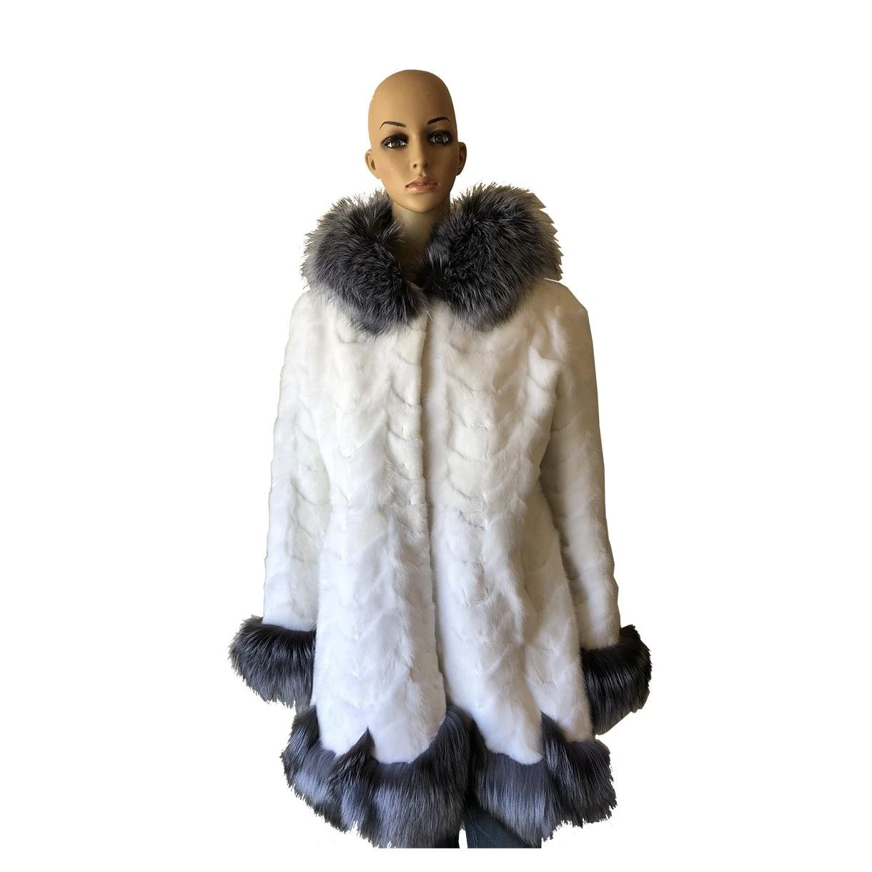Winter Fur Ladies White Navy Genuine Mink Paws 3/4 Coat W69Q03WT.